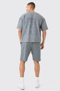 Heavyweight Ribbed Washed Short Sleeve Sweatshirt & Short Set | BoohooMAN UK
