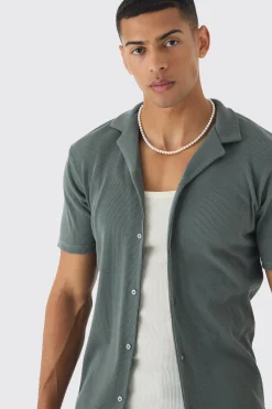 Heavyweight Slim Revere Ribbed Jersey Shirt | BoohooMAN UK