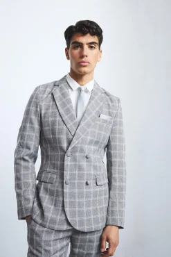Herringbone Check Contrast Sleeve Panel Fitted Blazer | BoohooMAN UK