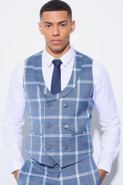 Herringbone Check Double Breasted Waistcoat | BoohooMAN UK