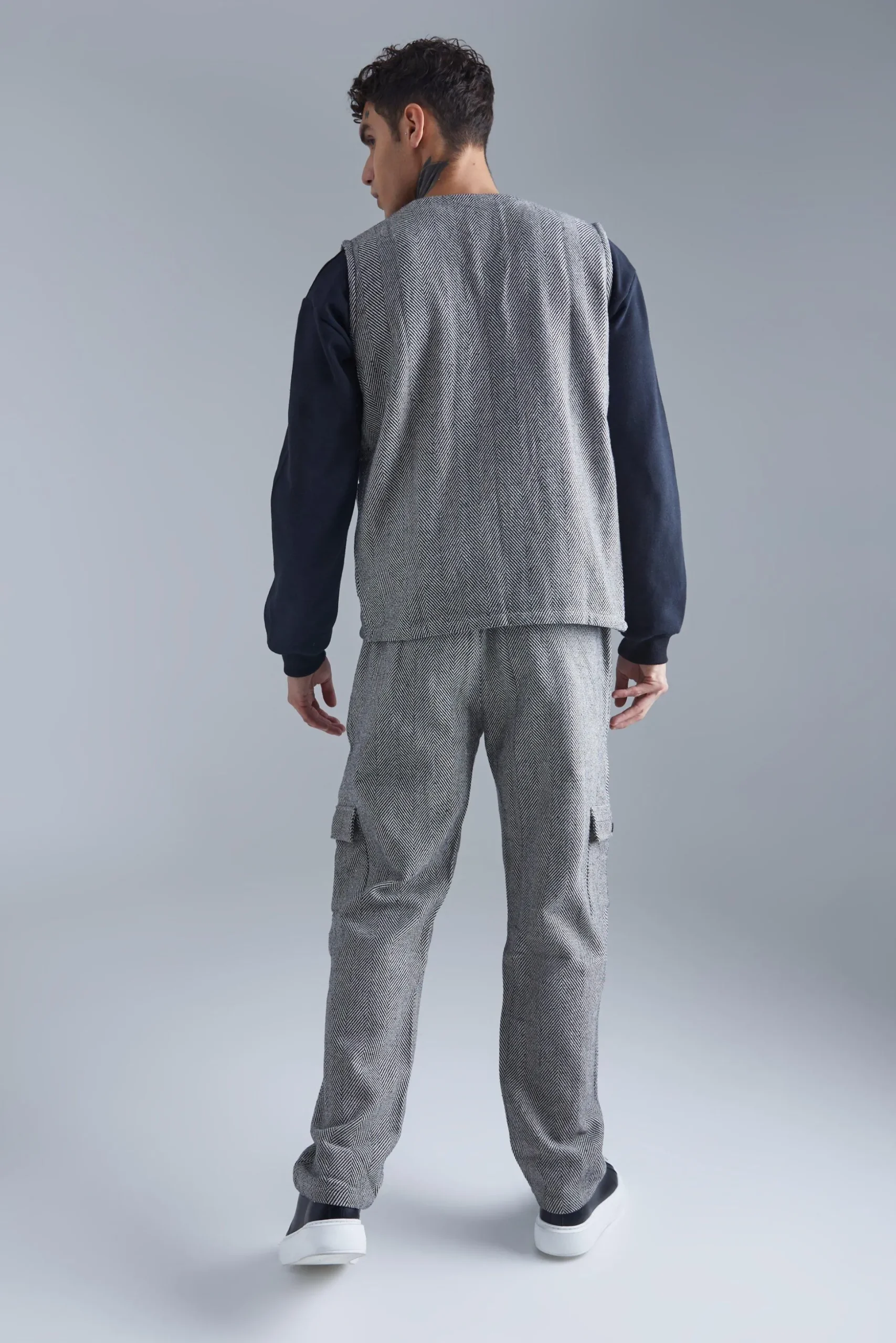 Herringbone Utility Vest And Cargo Trouser Set | BoohooMAN UK