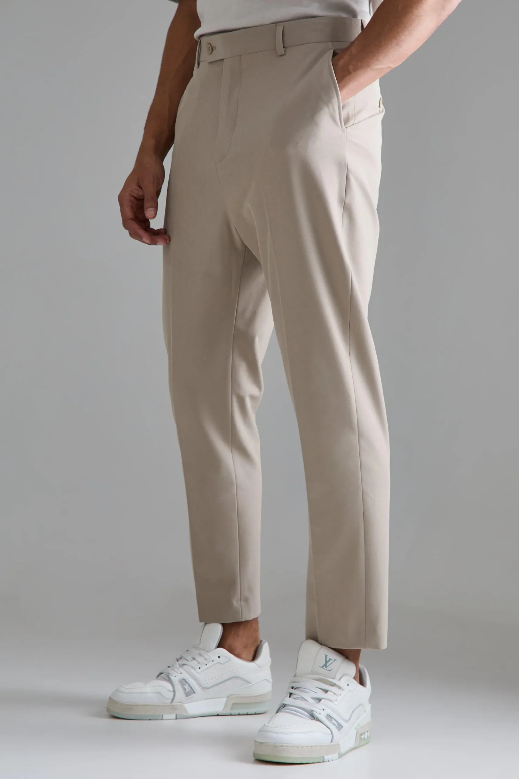 High Rise 4 Way Stretch Tapered Trousers | BoohooMAN UK