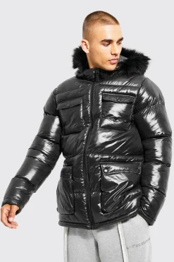 High Shine 4 Pocket Fur Trim Hood Parka | BoohooMAN UK