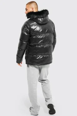 High Shine 4 Pocket Fur Trim Hood Parka | BoohooMAN UK