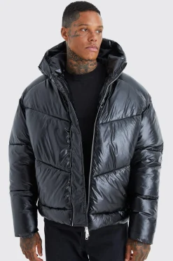 High Shine Hooded Puffer | BoohooMAN UK