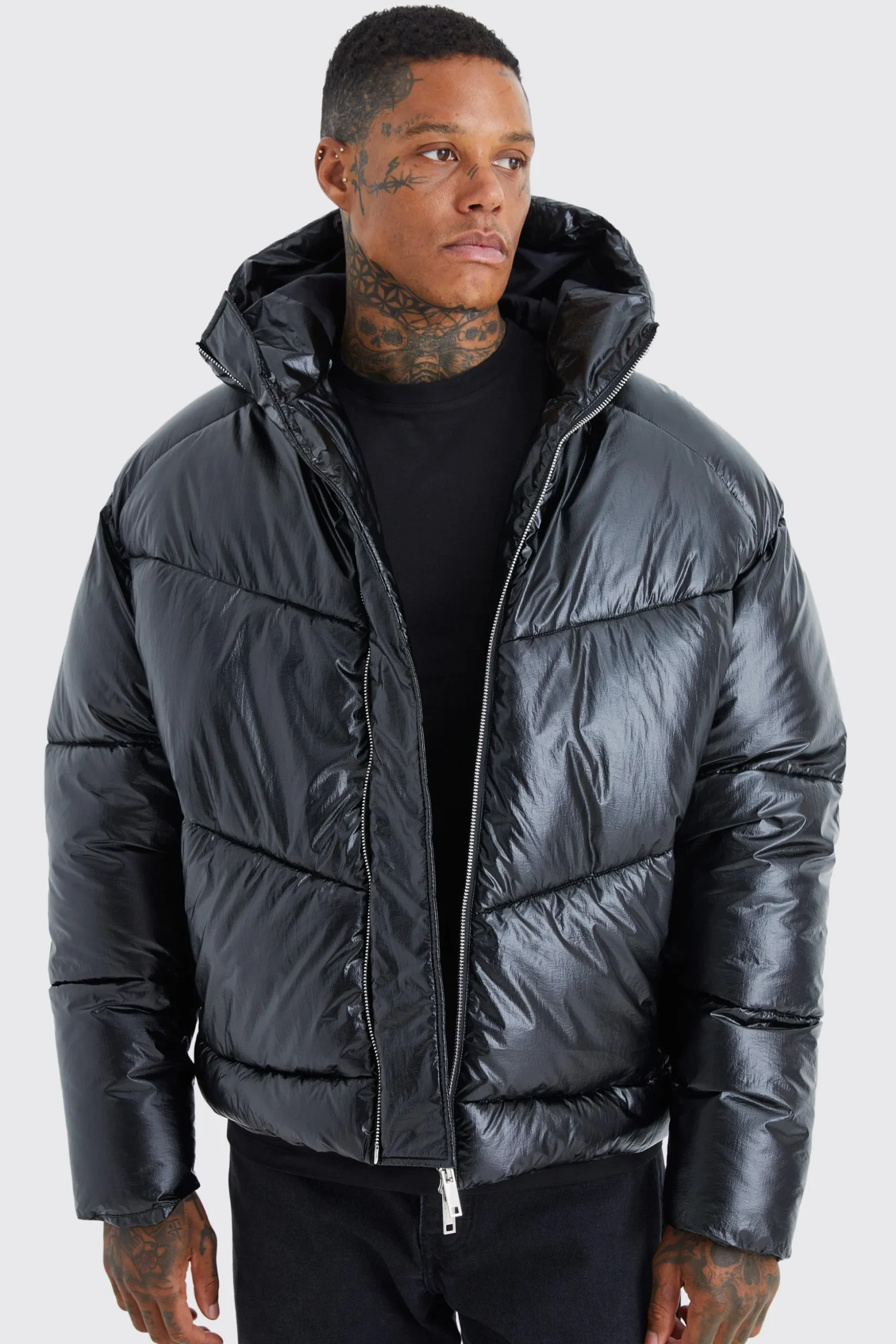 High Shine Hooded Puffer | BoohooMAN UK