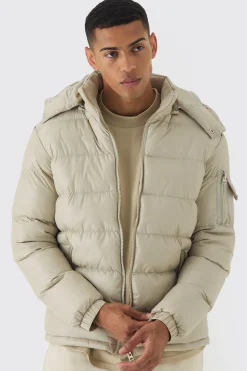 High Shine Padded Puffer Jacket In Stone | BoohooMAN UK