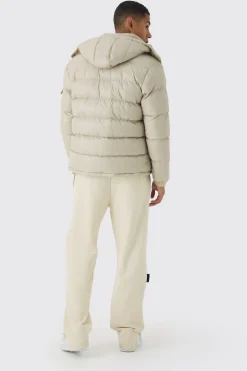 High Shine Padded Puffer Jacket In Stone | BoohooMAN UK