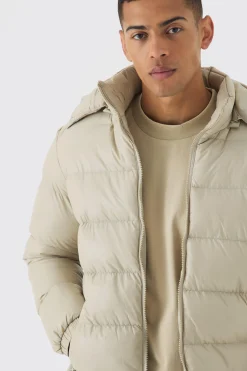 High Shine Padded Puffer Jacket In Stone | BoohooMAN UK