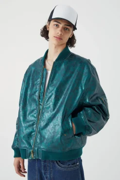 High Shine Pu Bomber With Embroidery | BoohooMAN UK