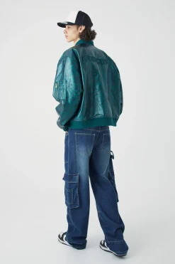 High Shine Pu Bomber With Embroidery | BoohooMAN UK