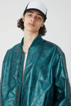 High Shine Pu Bomber With Embroidery | BoohooMAN UK