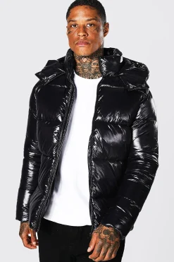 High Shine Puffer Jacket In Black | BoohooMAN UK