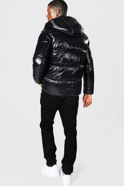 High Shine Puffer Jacket In Black | BoohooMAN UK