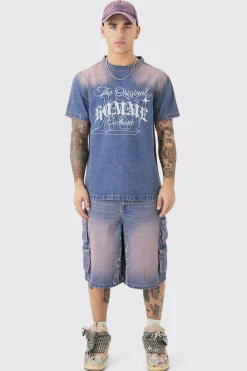 Homme Embroidered Short Sleeve Denim T-Shirt In Pink | BoohooMAN UK