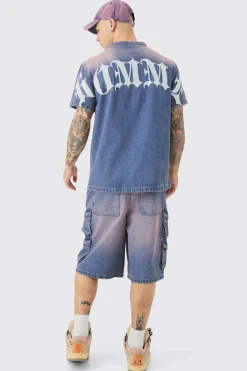 Homme Embroidered Short Sleeve Denim T-Shirt In Pink | BoohooMAN UK