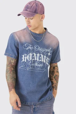 Homme Embroidered Short Sleeve Denim T-Shirt In Pink | BoohooMAN UK