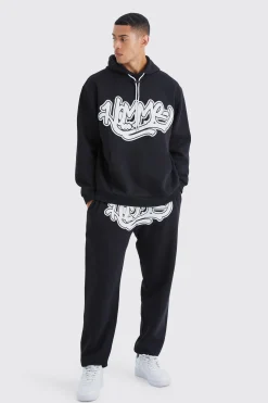 Homme Graffiti Oversized Hooded Tracksuit | BoohooMAN UK
