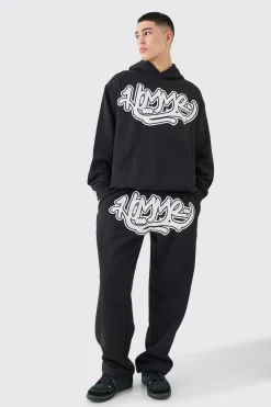 Homme Graffiti Print Oversized Hooded Tracksuit | BoohooMAN UK