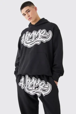 Homme Graffiti Print Oversized Hooded Tracksuit | BoohooMAN UK