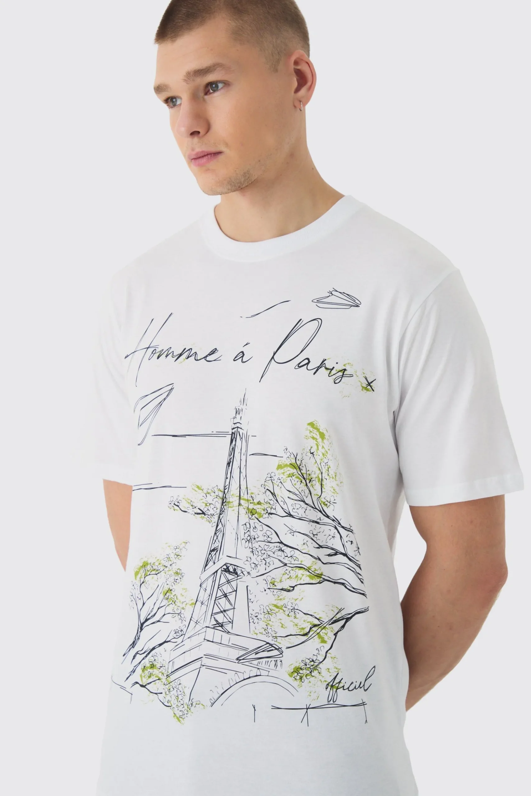 Homme Paris Line Drawing Print T-Shirt | BoohooMAN UK