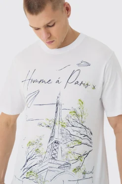 Homme Paris Line Drawing Print T-Shirt | BoohooMAN UK