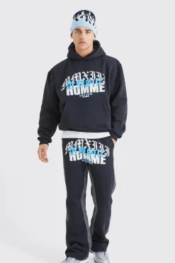 Homme Print Denim Gusset Tracksuit | BoohooMAN UK