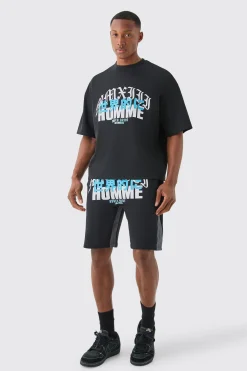 Homme Print Denim Gusset T-shirt And Short Set | BoohooMAN UK