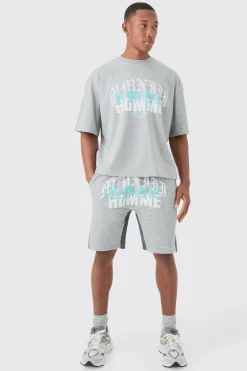 Homme Print Denim Gusset T-shirt And Short Set | BoohooMAN UK