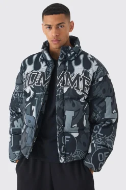 Homme Printed Funnel Neck Mesh Puffer Coat In Black | BoohooMAN UK