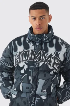 Homme Printed Funnel Neck Mesh Puffer Coat In Black | BoohooMAN UK
