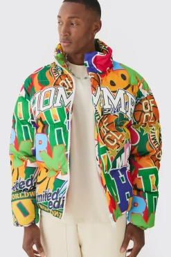 Homme Printed Funnel Neck Mesh Puffer Coat In Multi | BoohooMAN UK