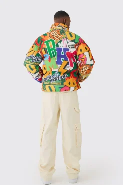 Homme Printed Funnel Neck Mesh Puffer Coat In Multi | BoohooMAN UK