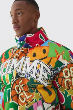 Homme Printed Funnel Neck Mesh Puffer Coat In Multi | BoohooMAN UK
