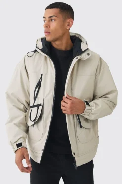 Hooded Utility Tech Parka In Stone | BoohooMAN UK