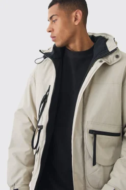 Hooded Utility Tech Parka In Stone | BoohooMAN UK