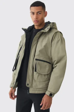 Hooded Utility Tech Parka In Khaki | BoohooMAN UK