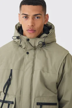 Hooded Utility Tech Parka In Khaki | BoohooMAN UK