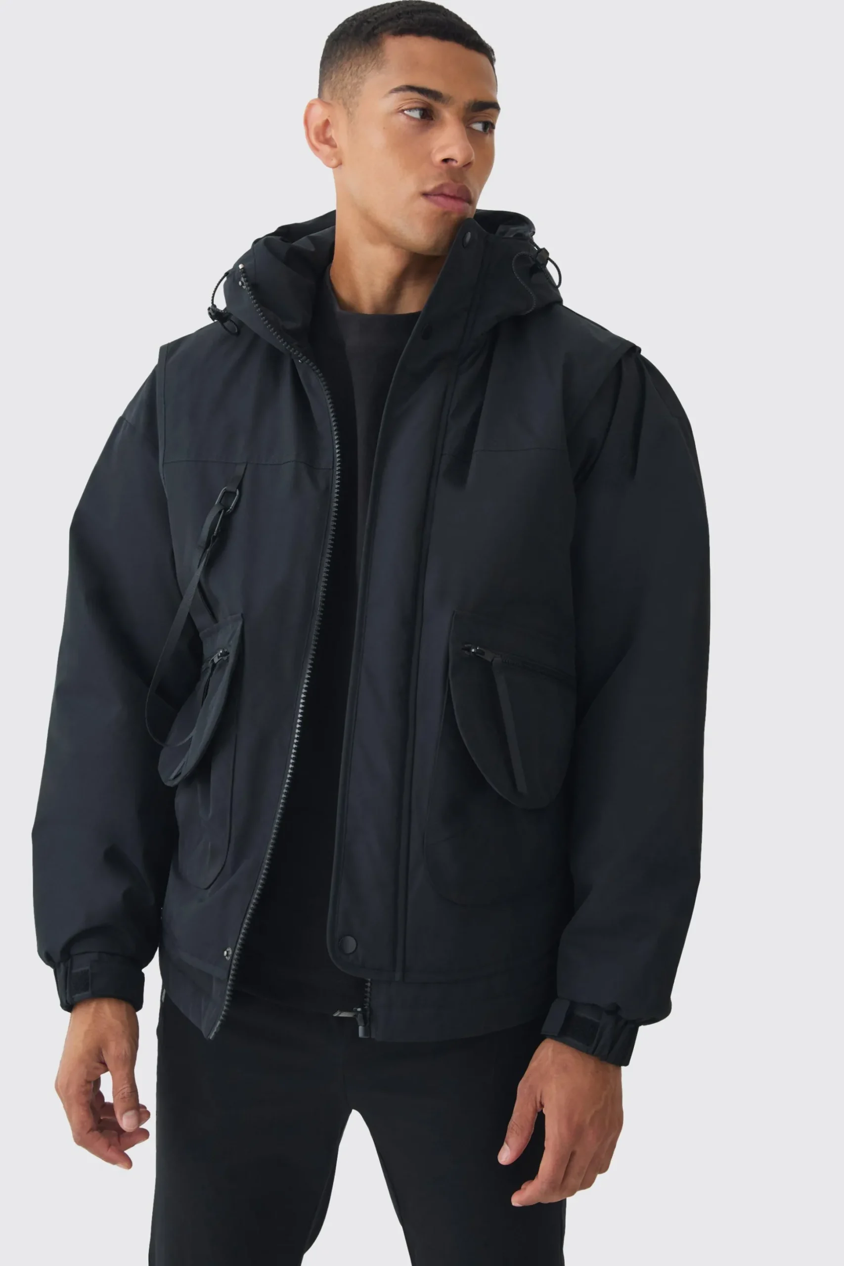 Hooded Utility Tech Parka In Black | BoohooMAN UK