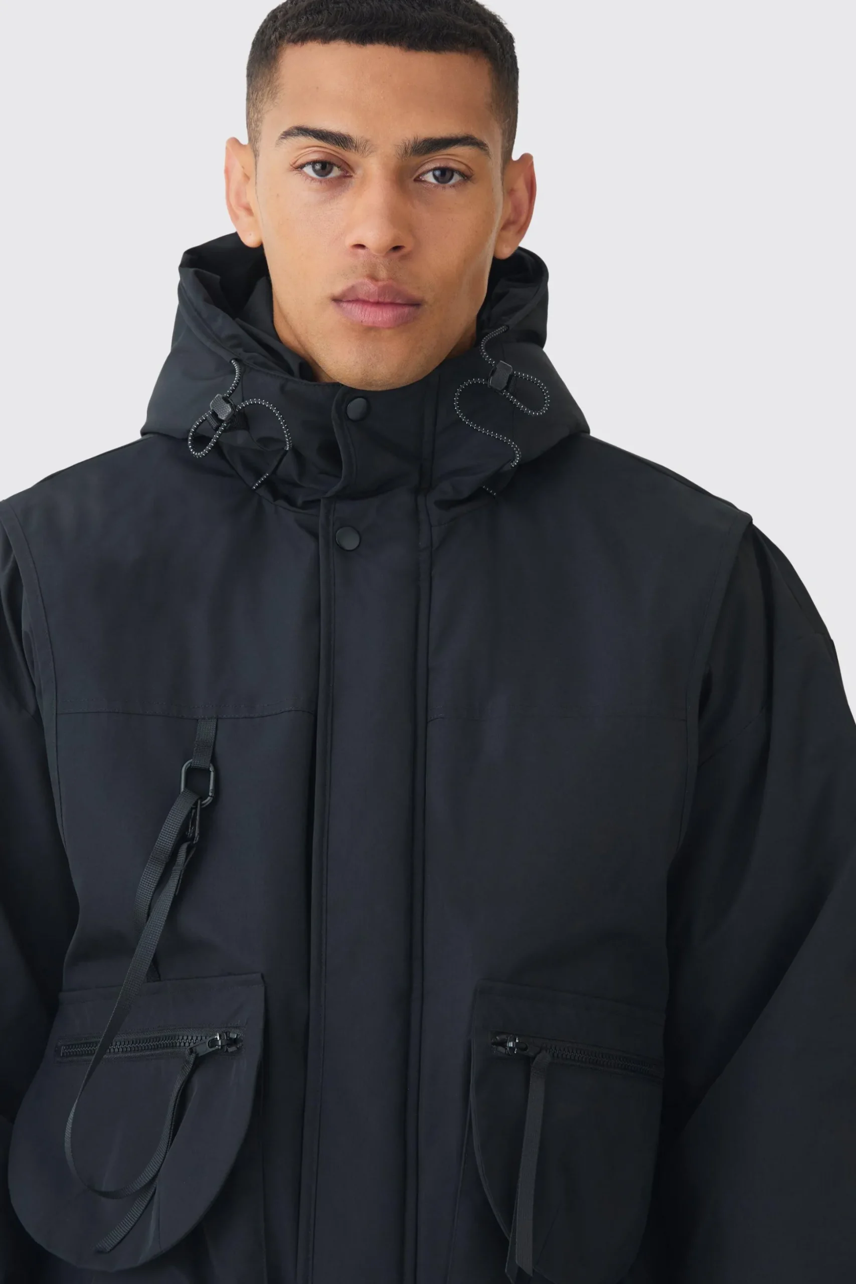 Hooded Utility Tech Parka In Black | BoohooMAN UK