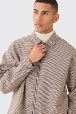 Houndstooth Checked Oversized Smart Harrington Jacket | BoohooMAN UK