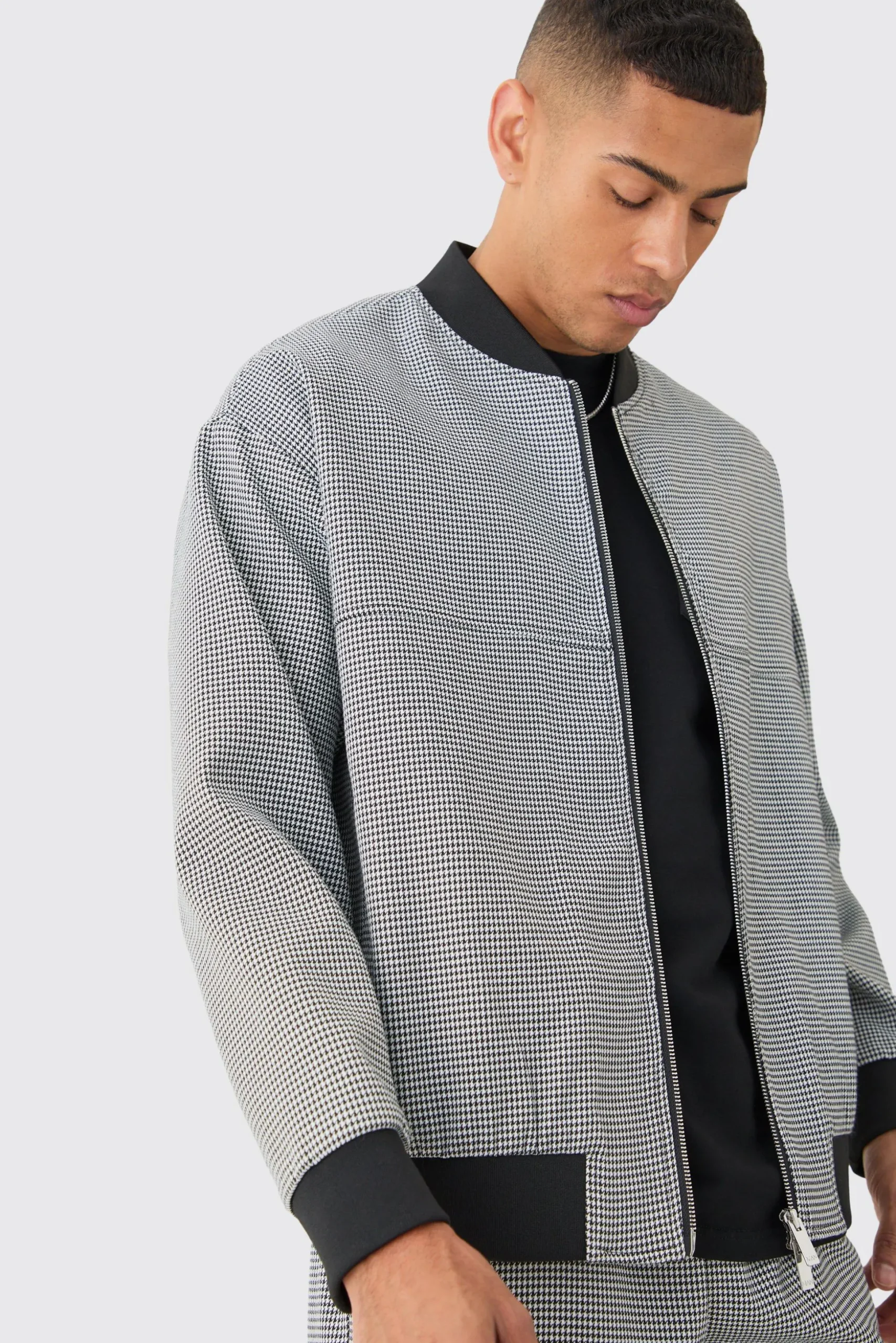 Houndstooth Checked Regular Fit Smart Bomber Jacket | BoohooMAN UK
