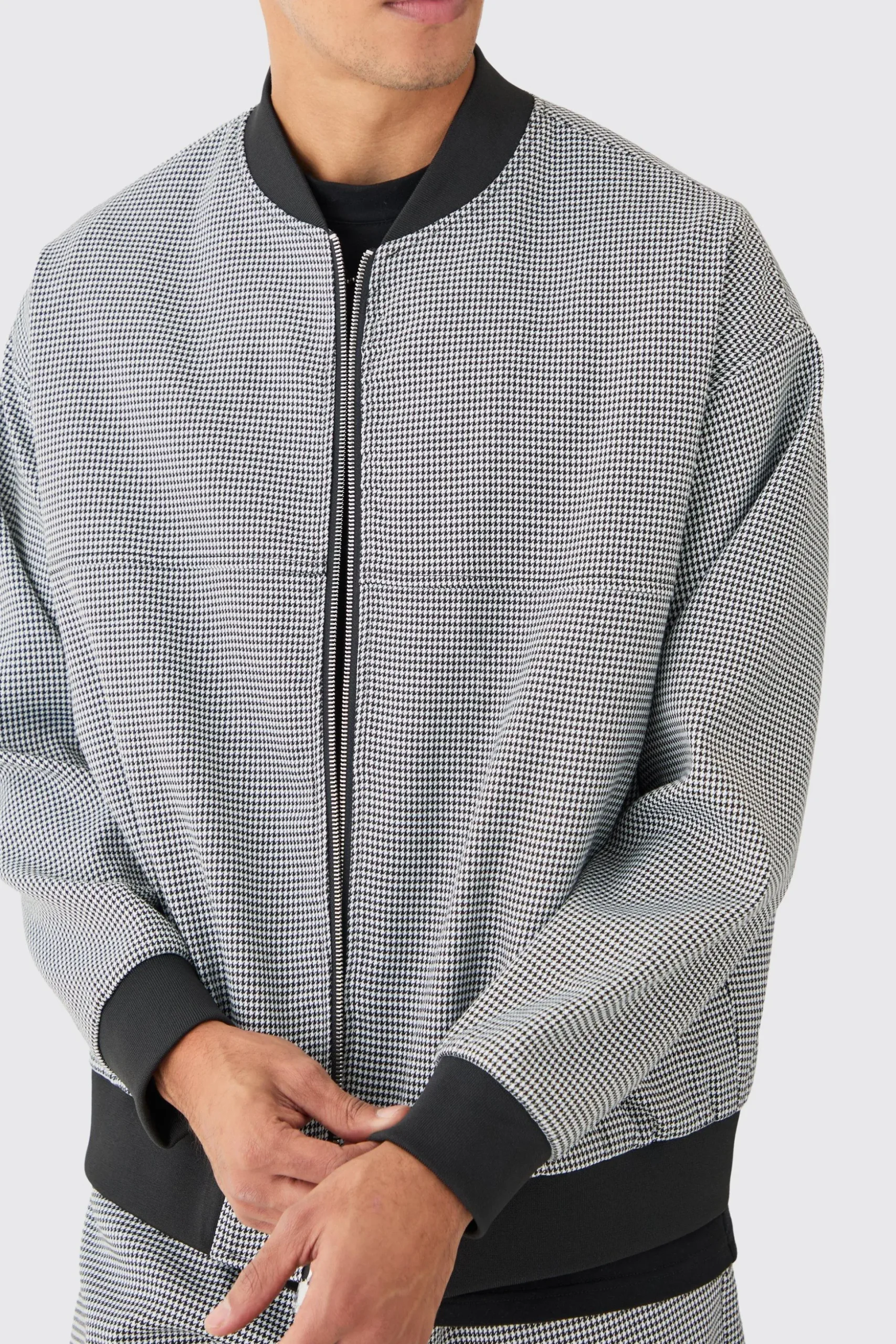 Houndstooth Checked Regular Fit Smart Bomber Jacket | BoohooMAN UK