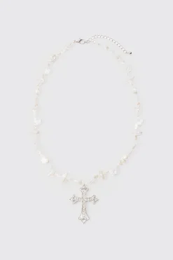 Iced Cross Pearl Necklace In Silver | BoohooMAN UK