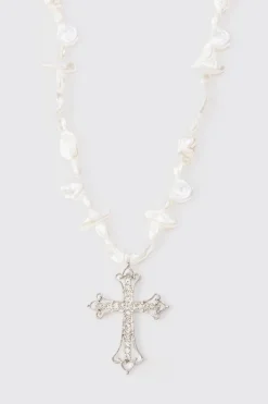 Iced Cross Pearl Necklace In Silver | BoohooMAN UK