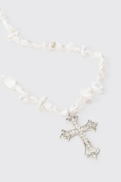 Iced Cross Pearl Necklace In Silver | BoohooMAN UK