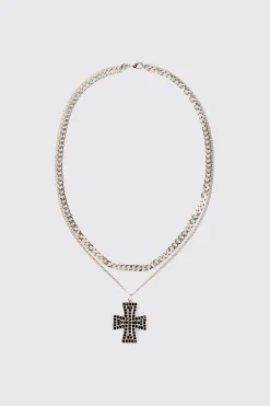 Iced Cross Pendant Double Chain Necklace In Silver | BoohooMAN UK