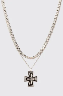 Iced Cross Pendant Double Chain Necklace In Silver | BoohooMAN UK