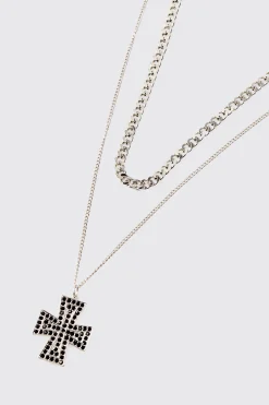 Iced Cross Pendant Double Chain Necklace In Silver | BoohooMAN UK