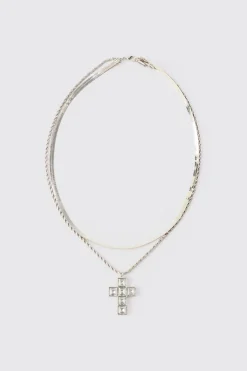 Iced Cross Pendant Double Chain Necklace In Silver | BoohooMAN UK